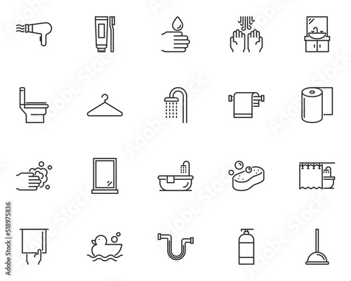 set of toilet line icons, bathroom, clean, hand washing