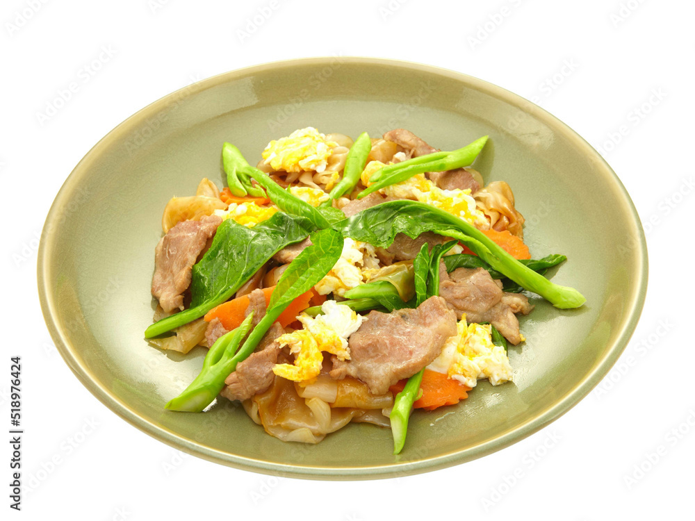stir fried large rice noodles with slice fermenting pork and Chinese kale dressing black sweet soybean sauce Isolated on white background stir fried large rice noodles with slice fermenting pork and Chinese kale dressing black sweet soybean sauce Isolated on white background
