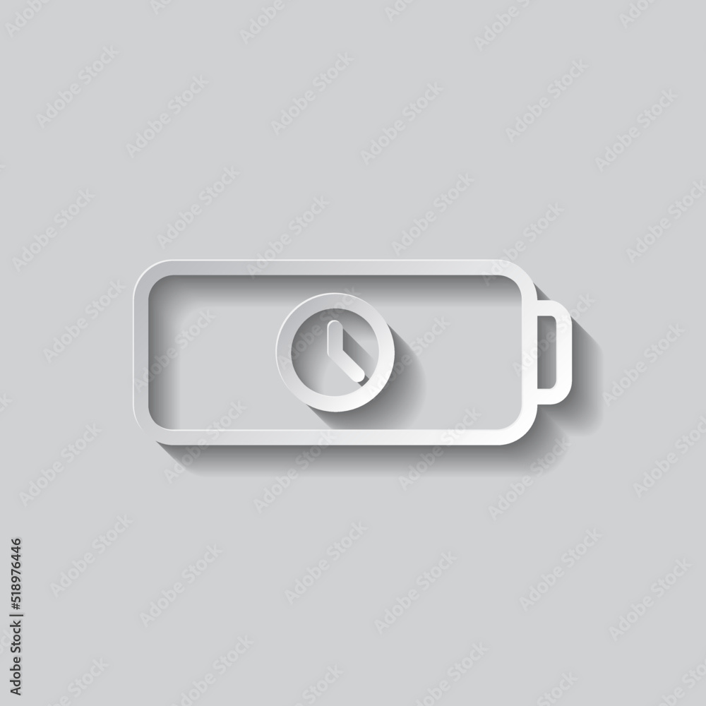 Battery with clock simple icon vector. Flat design. Paper style with shadow. Gray background.ai Battery with clock simple icon vector. Flat design. Paper style with shadow. Gray background.ai