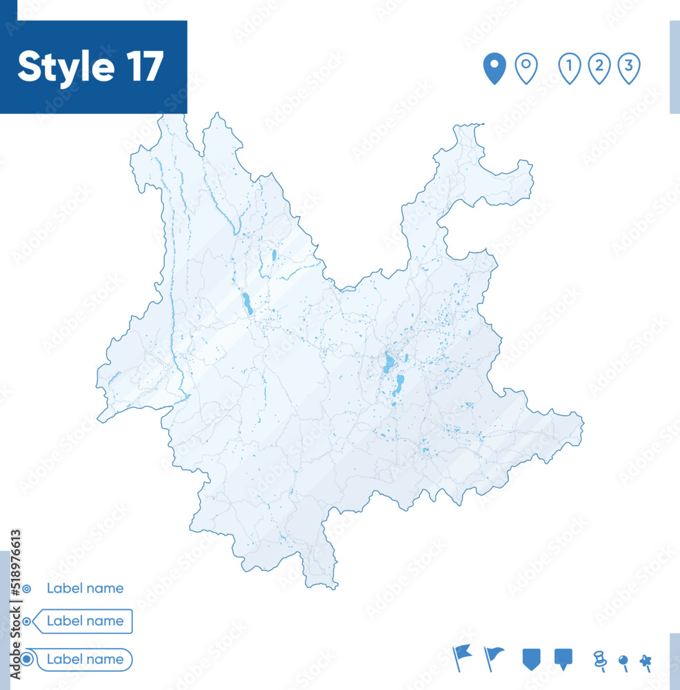 Obraz premium Yunnan, China - map isolated on white background with water and roads. Vector map.