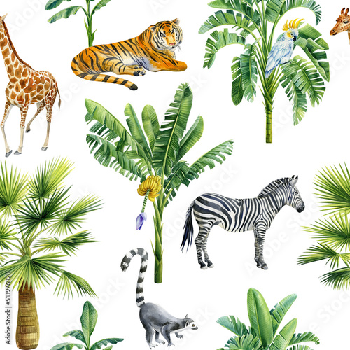 Tropical background with palm trees and animals  zebra  tiger  elephant and lemur. Seamless patterns.