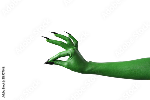 Halloween green color of witches  evil or zombie monster hand isolated on white background.