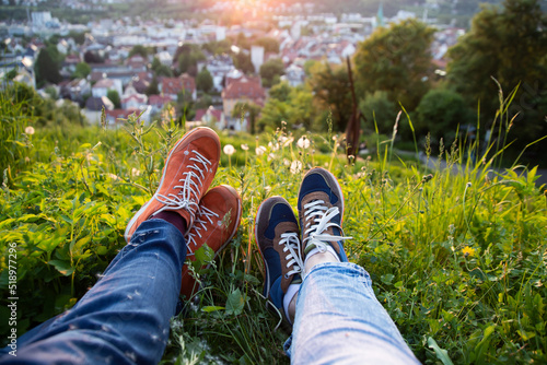 Couple enjoy beautiful city view in the sunset