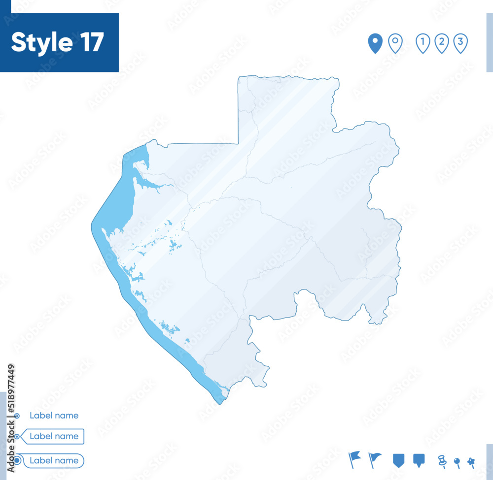 Gabon - map isolated on white background with water and roads. Vector map.