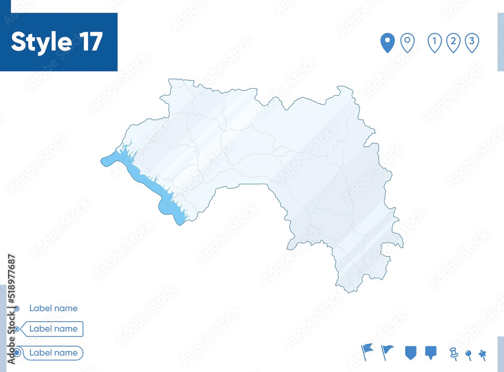 Guinea - map isolated on white background with water and roads. Vector map. Guinea - map isolated on white background with water and roads. Vector map.
