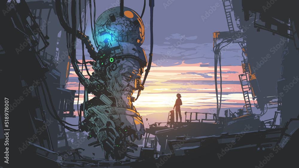 scientist standing looking at a gigantic lab robot, digital art style, illustration painting