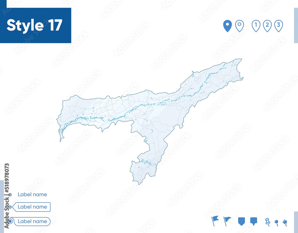 Assam, India - map isolated on white background with water and roads. Vector map. Assam, India - map isolated on white background with water and roads. Vector map.