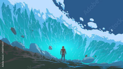 futuristic man standing in the midst of a huge wave that is rushing towards him, digital art style, illustration painting
