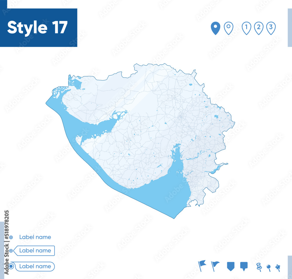 Gujarat, India - map isolated on white background with water and roads. Vector map. Gujarat, India - map isolated on white background with water and roads. Vector map.