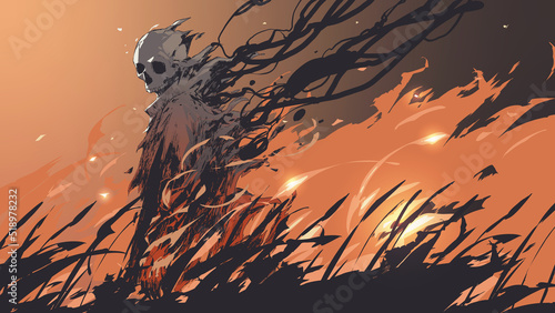 ghost standing in the field of flames, digital art style, illustration painting