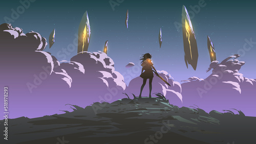 woman with sword standing on hill looking at the sacred stones against the background of the night sky, digital art style, illustration painting