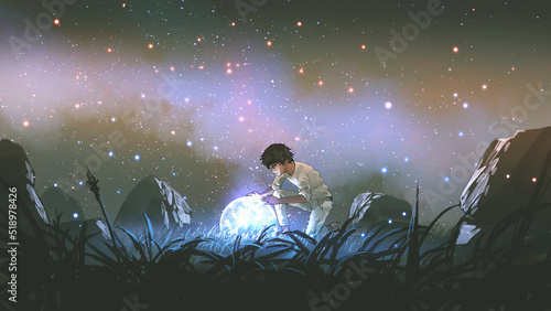 Young man in white looking down at the glowing little planet on the ground, digital art style, illustration painting