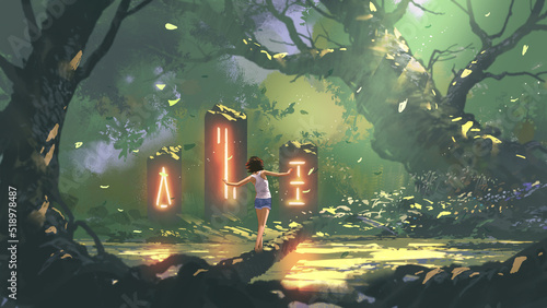 woman walks on a branch on a stream and looks at the monoliths in the forest, digital art style, illustration painting