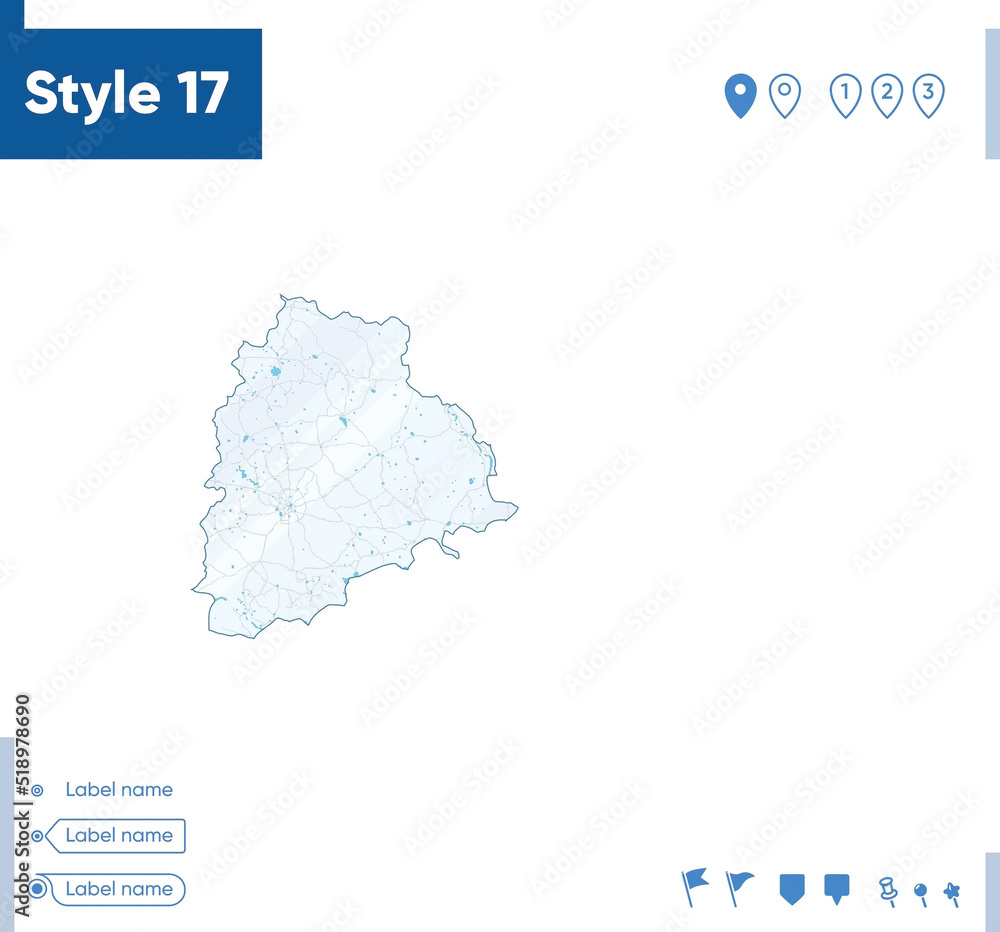Telangana, India - map isolated on white background with water and roads. Vector map. Telangana, India - map isolated on white background with water and roads. Vector map.