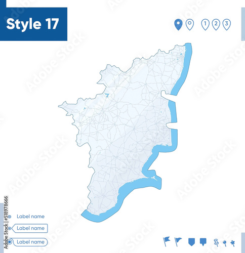 Tamil Nadu, India - map isolated on white background with water and roads. Vector map.