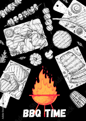 Grilled meat frame. Barbecue dishes hand-drawn. Bbq grill food sketch. Vector illustration. Engraved design.