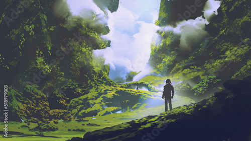 astronaut standing looking at natural scenery in the new planet, digital art style, illustration painting