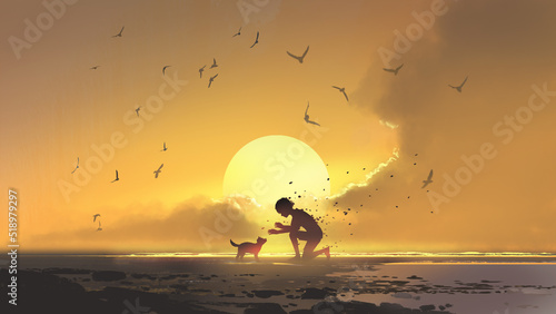 Puppy looking at the boy shattering into dust against the sutset background, digital art style, illustration painting