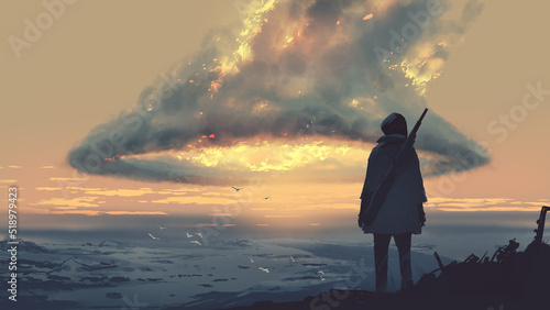 survivor standing at the top of the mountain looking at the huge burning clouds, digital art style, illustration painting photo