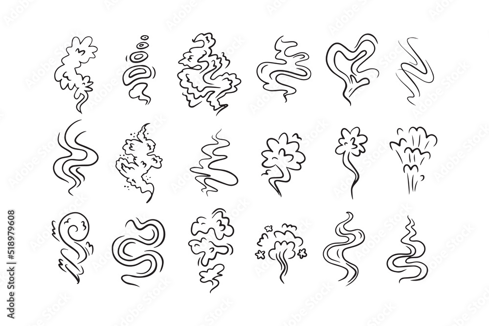 Smoke smell line icons. Doodle smoking and steaming vector signs drawing - obrazy, fototapety, plakaty 