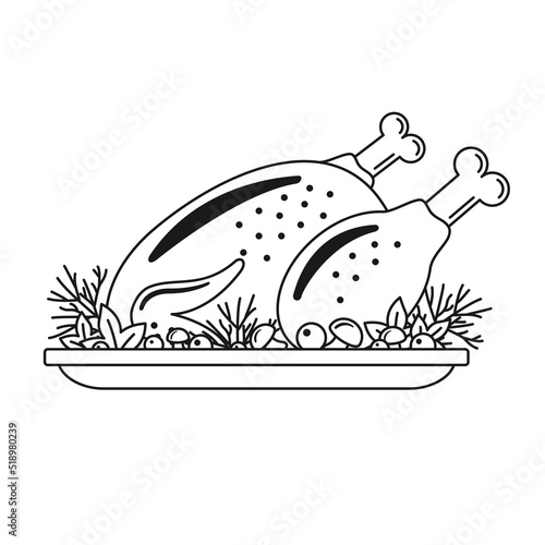 Roast chicken or turkey on platter for traditional holiday dinner. Serving plate with baked bird. Outline vector flat illustration for restaurants, menus, grill bars.