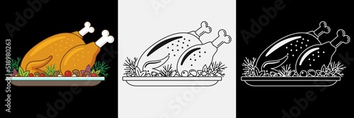 Roast turkey or chicken on platter for traditional holiday dinner. Serving plate with baked bird. Outline, colorful vector flat illustration for restaurants, menus, grill bars.