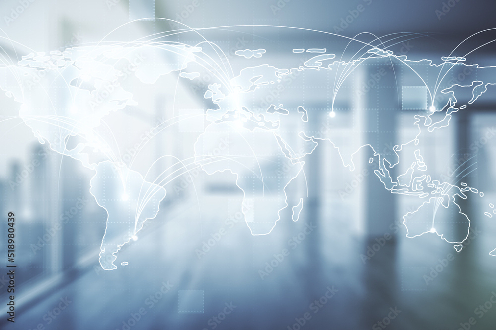Obraz premium Abstract graphic digital world map hologram with connections on modern interior background, globalization concept. Multiexposure