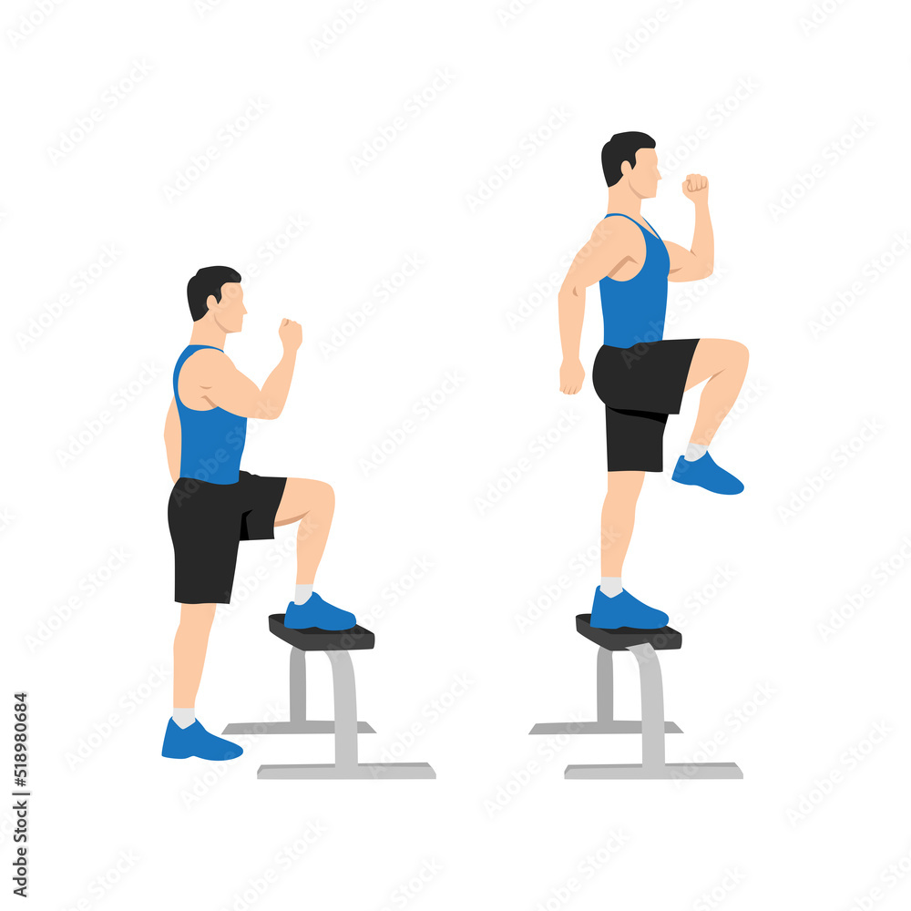 Man doing Step up with knee raises exercise. Flat vector illustration isolated on white background