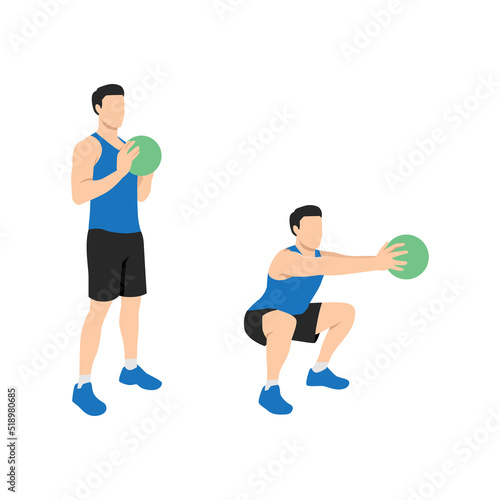 Man doing Medicine ball squat and reach exercise. Flat vector illustration isolated on white background