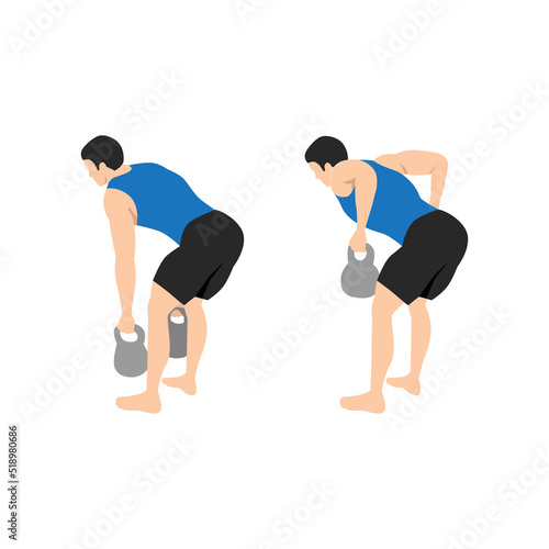 Man doing Two arm kettlebell row exercise. Flat vector illustration isolated on white background. workout character set