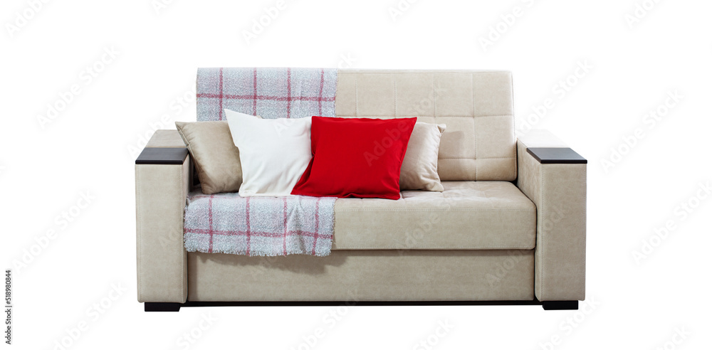 Colorful pillow on sofa isolated on white background.