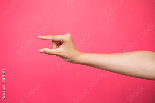 Empty female hand pretending holding something, isolated on pink background © Yuliia Sukharieva