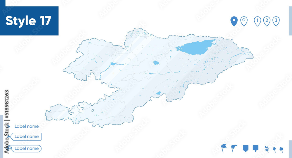 Kyrgyzstan - map isolated on white background with water and roads. Vector map. Kyrgyzstan - map isolated on white background with water and roads. Vector map.