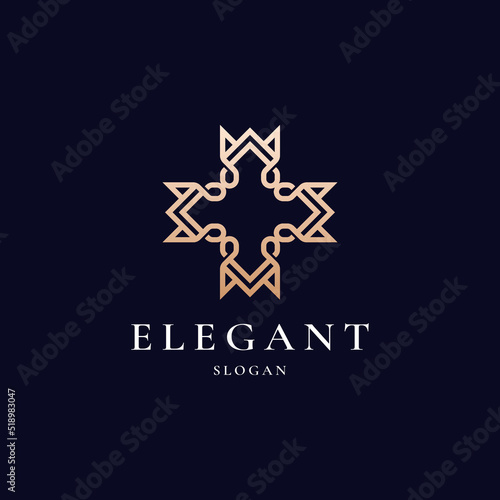 initial letter M with crown gold color line outline logo