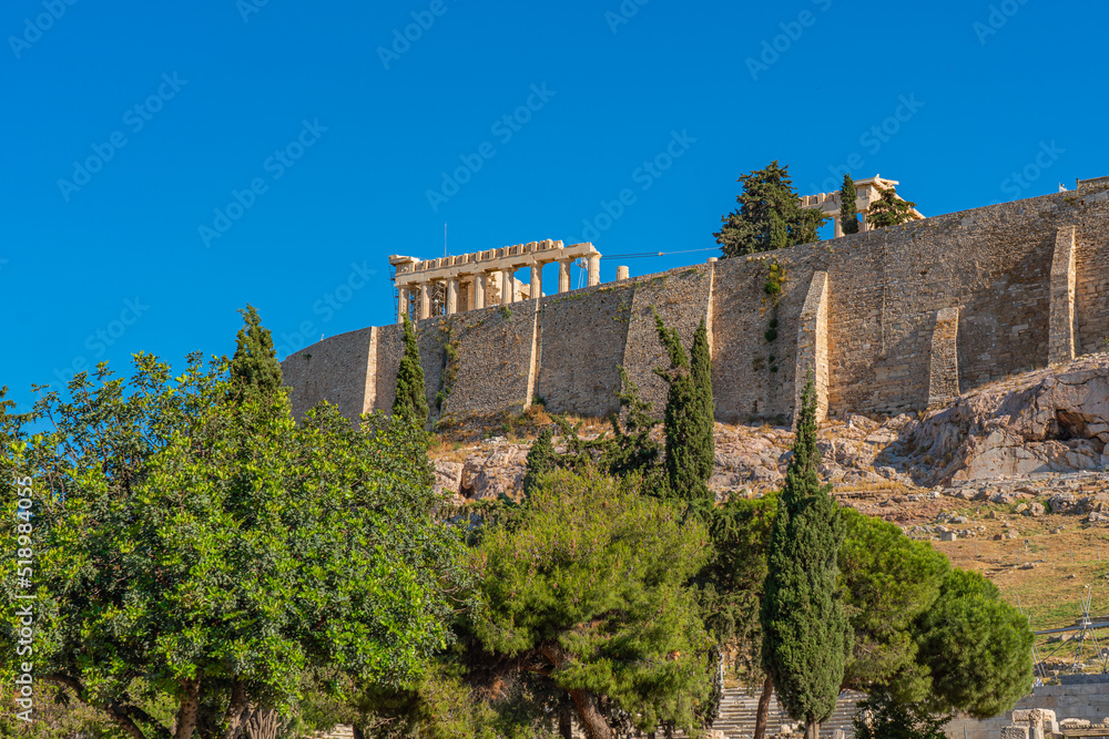 Famous Athens landmark Acropolis from the south side of the fortress with the Parthenon
