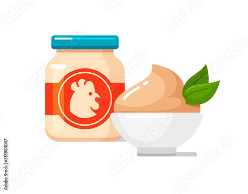 Baby food icon with chicken puree, meat pate in glass jar and bowl. Kids healthy nutrition for infants in container with label. Vector colorful flat illustration isolated on white background