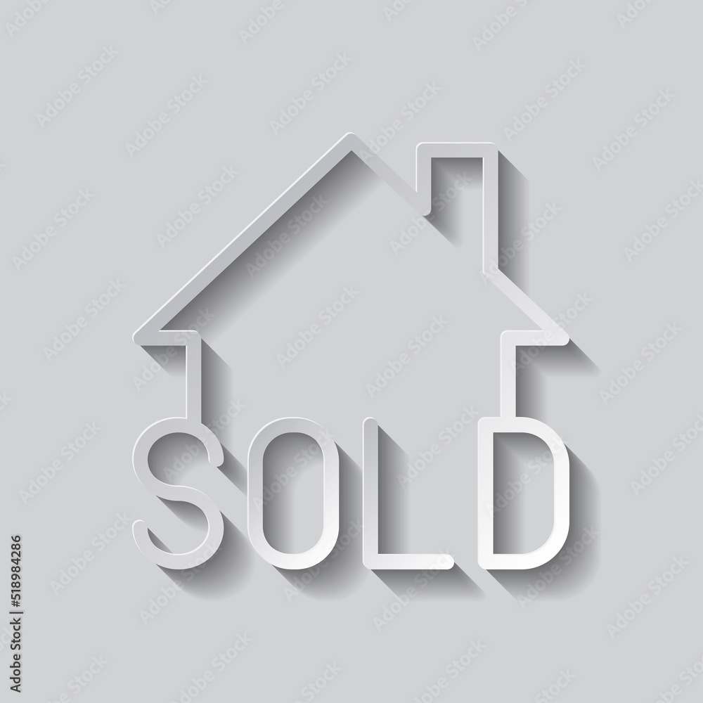 Sold, house simple icon vector. Flat design. Paper style with shadow. Gray background.ai Sold, house simple icon vector. Flat design. Paper style with shadow. Gray background.ai