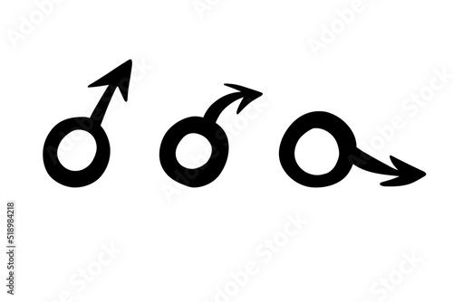 Erectile dysfunction, prostatitis. Male gender symbol. Impotence, flaccid soft penis. Infertility, pills for potency. Stock vector set illustration isolated on white background.