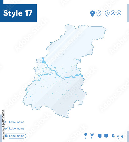 Nizhny Novgorod Region, Russia - map isolated on white background with water and roads. Vector map.