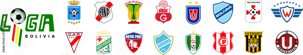 2022 Bolivian Primera Divisin season, Always Ready, Club Blooming, C.D.  Jorge Wilstermann, Club Bolivar, Royal Pari F.C., Club Independiente  Petrolero, Club Atletico Palmaflor, Real Santa Cruz. Stock Vector