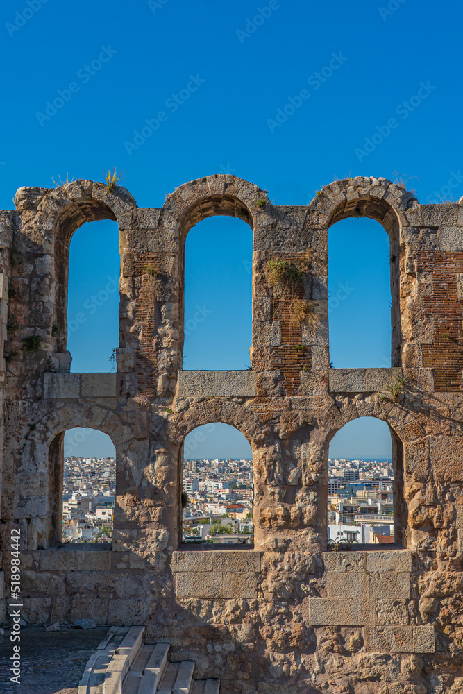 Partial view from the Odeon of Herodes Atticus, also called Herodeion or Herodion, a stone Roman theater located on the Acropolis of Athens, Greece.