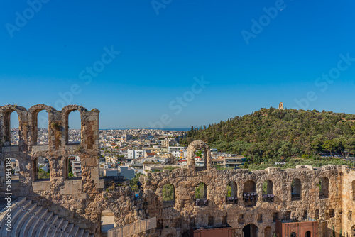 Partial view from the Odeon of Herodes Atticus, also called Herodeion on the Acropolis of Athens, in the background the Philopapposmonument
