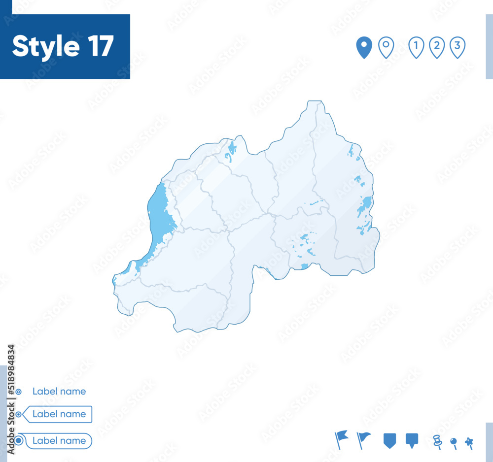 Rwanda - map isolated on white background with water and roads. Vector map.