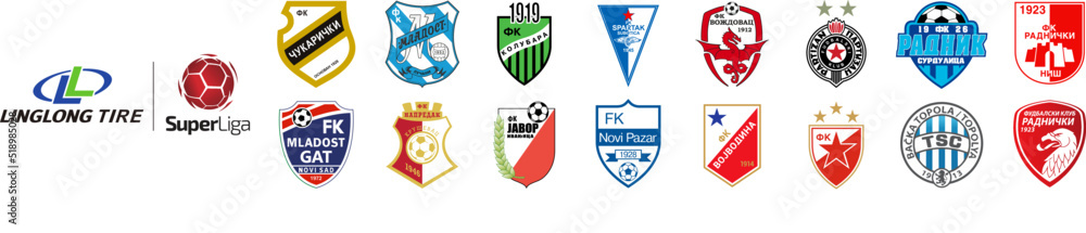 Vettoriale Stock 2022-23 Serbian SuperLiga, FK Partizan, FK Cukaricki, FK  Javor Ivanjica, FK Kolubara, FK Mladost Novi Sad, FK Mladost Lucani, FK  Napredak Krusevac, FK Novi Pazar,FK Radnicki 1923, FK Radnicki Nis.