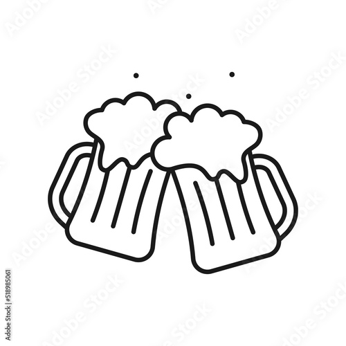 Two clinking beer mugs contour icon. Black cup with refreshing drink with bubbles and white foam. Beer pub emblem for trendy vector design