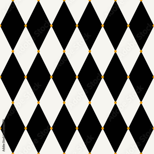 Seamless harlequin check pattern in black and white with gold dots. Vector geometric background