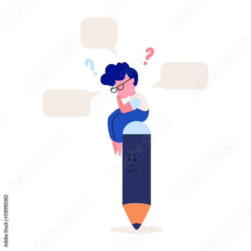 Teenager think or solving problem. Thinking boy sitting on pencil. Thoughtful student surrounded by thought bubbles and questions. Sketch vector illustration.