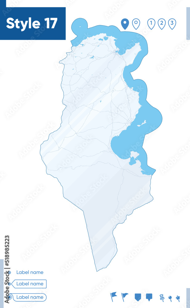 Tunisia - map isolated on white background with water and roads. Vector map.