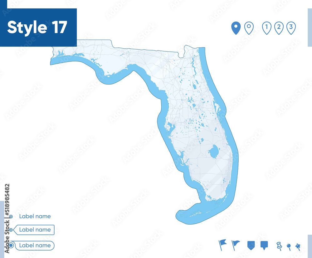 Florida, USA - map isolated on white background with water and roads ...