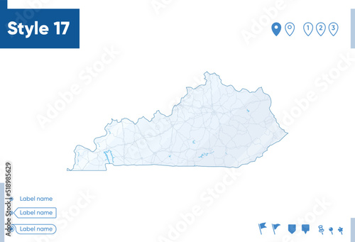 Kentucky, USA - map isolated on white background with water and roads. Vector map.